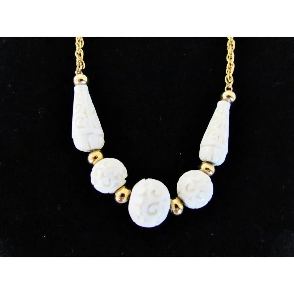 Vintage 60s Crown Trifari Sautoir Necklace Carved Faux Ivory  Gold Tone